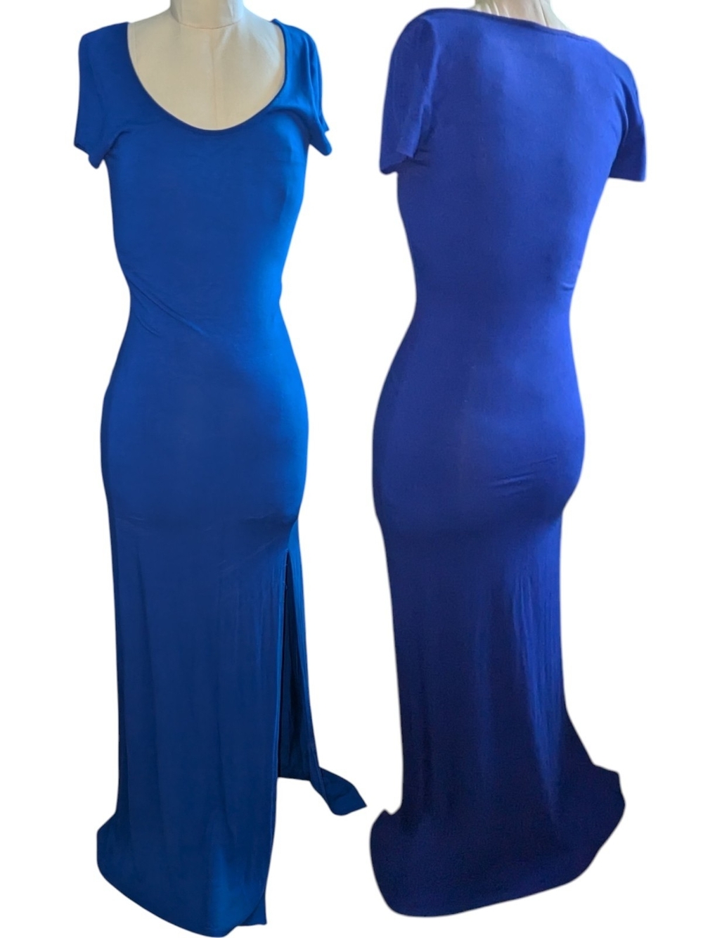 Sleek Forever 21 Royal Blue Scoop Neck  Short Sleeve Maxi Dress Tall Side Slit S